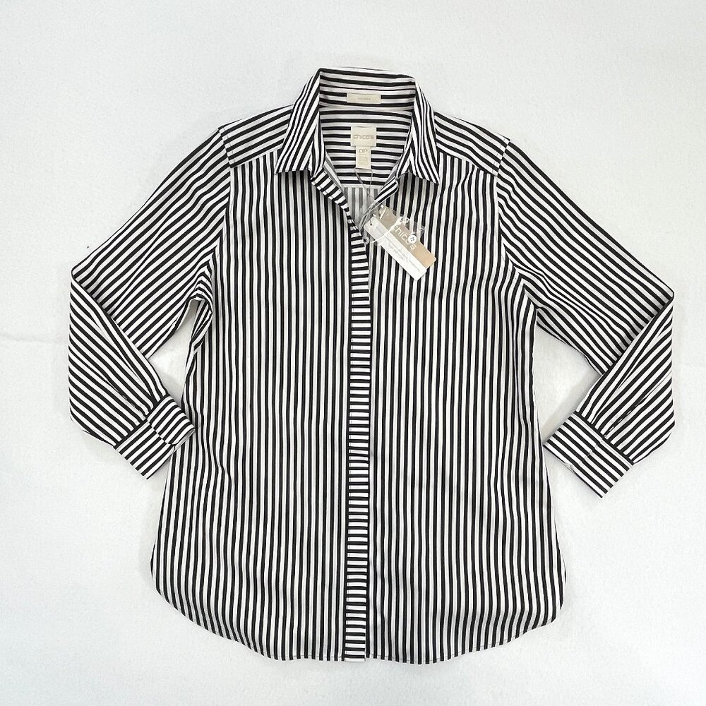 SOLD NWT CHICOS Size 0P Petite Small No-Iron Long Sleeve White Striped Shirt - Picture 1 of 16
